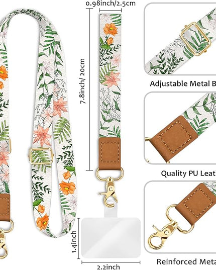 Phone Lanyard Crossbody Wrist Strap, Flower Cell Phone Lanyards for Around the Neck Wristlet Shoulder, Adjustable Floral Strap for Keys Keychain Case ID Badge with Patches