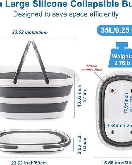 Extra Large Collapsible Bucket 35L Mop Bucket With Handles & Wheels, Plastic Wash Basin Pet Bath Tub for Puppy Dogs Cats, Folding Laundry Basket Clothes Storage Organizer RV Outdoor Camping Essentials