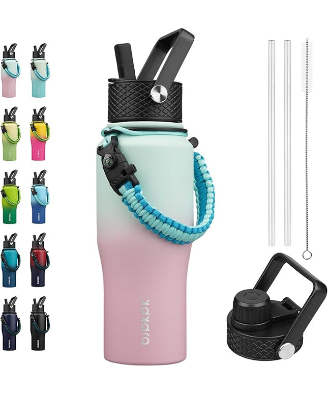 BJPKPK Insulated Water Bottles with Straw Lid, 23oz Metal Water Bottle with 2 lids & Paracord Strap, Double Wall Stainless Steel Vacuum Tumblers, Cups, Mugs, Thermo for Hot& Cold Drinks, Marshmallow