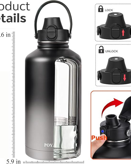 Water Bottle Insulated 32oz 40oz 64oz 128oz Straw Lid Spout Lid & 3 Lids, Leak Proof, Vacuum Insulated,Stainless Steel Water Bottle Wide Mouth for Sports, Gym or Office