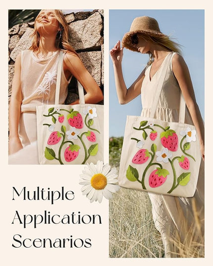 Embroidery Canvas Tote Bag for Women - Reusable Totes with Pocket & Buckle Aesthetic Cute Grocery Shoulder Bag