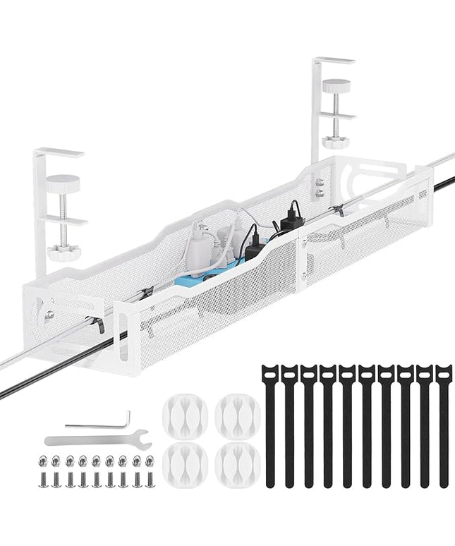 Cable Management, 25'' Cable Management Under Desk No Drill, Metal Cord Organizer with Clamp for Standing Desk, Cable Organizer for Home Office, White