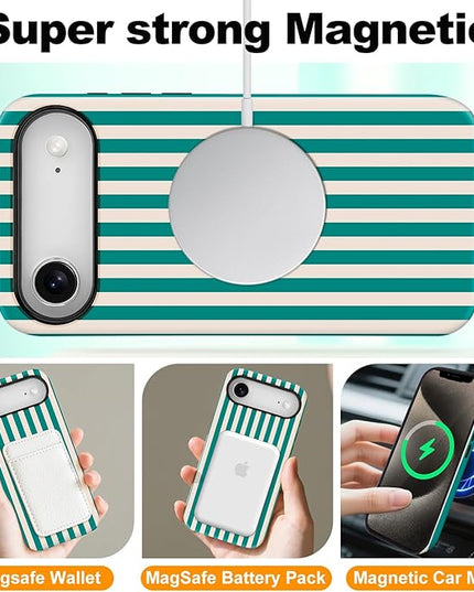 Magnetic for iPhone 17 Air Case Cute Stripes Phone Case, Shockproof Slim TPU and Hard PC Protective Phone Cover Compatible with MagSafe Designed for Women Girls, Emerald Green