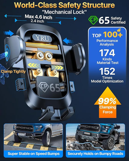 YRU [True Upgrade for Safety] Car Phone Holder Mount [Patent & Military-Grade] Dashboard Cell Phone Holder for Car Vent Windshield Phone Stand for iPhone 17 16 15 14 13 Pro Max Truck Samsung, Black