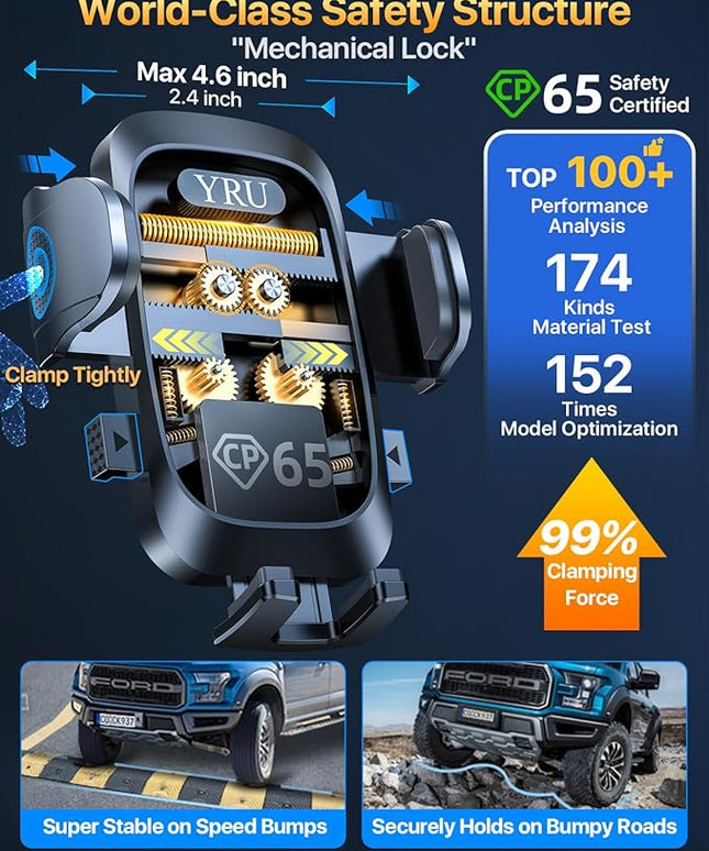YRU [True Upgrade for Safety] Car Phone Holder Mount [Patent & Military-Grade] Dashboard Cell Phone Holder for Car Vent Windshield Phone Stand for iPhone 17 16 15 14 13 Pro Max Truck Samsung, Black