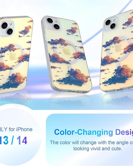 Cute Case for iPhone 13 & 14 Case for Women Girls [ Compatible with Magsafe ] Aesthetic Cloud Pattern Design, Girly Glitter Sparkly Bling Protective Phone Cover, Iridescent Sun Set Sky