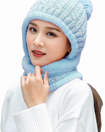HUAMULAN Women Winter Beanie Hats One Piece Fleece Lined Knit Balaclavas Mask Set Skull Neck Circle Scarf Ski Snow Hat Pompom