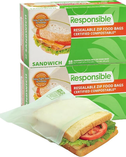 Responsible Products Certified Compostable SANDWICH Resealable Zip Bag, Extra Strength Food Bags, Made from Plant Materials (136 Pack)