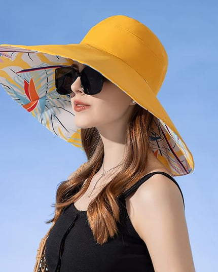 HUAMULAN Women Summer Sun Hat Wide Brim Wired Edge Floral Beach Bucket Hats Reversible Foldable Travel UV Protection Lady Hat
