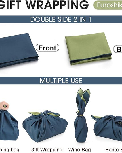 Vtrbwze Furoshiki Japanese Wrapping Cloth,Eco Gift Wrap Paper,Reversible Solid Color,27.6 inches Large Reusable Bento Bag Placemats for Lunch Boxes Eco-bag Christmas Birthday Gift (Navy Blue + Green)