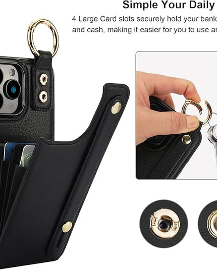 Folosu for iPhone 16 Pro Max Wallet Case with Card Holder, Hand Wrist Strap Loop Holder Kickstand, RFID Blocking Finger Grip Ring PU Leather Double Buttons Shockproof Cover 6.9" Black