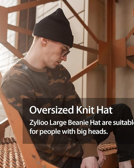 Zylioo Oversize Beanie Hats, XXL Big Size Ribbed Knit Cuffed Winter Hat for Cold Weather, Warm Skull Watch Cap