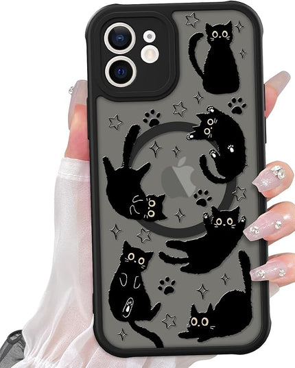 Cute Magnetic Case for iPhone 12 Case [ Compatible with MagSafe ] with Black Cat Cats Pattern Design for Women Girls Boys, Soft Bumper Hard Back Kawaii Animal Protective Phone Cover