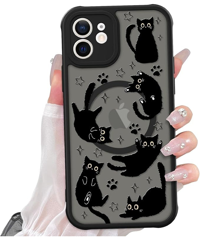 Cute Magnetic Case for iPhone 12 Case [ Compatible with MagSafe ] with Black Cat Cats Pattern Design for Women Girls Boys, Soft Bumper Hard Back Kawaii Animal Protective Phone Cover