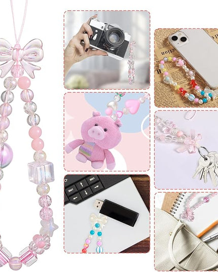 Draupnir 4pcs Phone Charms Strap, Butterfly Bow Camera Strap Wrist Beaded Phone Bracelet Wrist Straps, Pearl Bracelet Lanyard Keychain Charm for Women