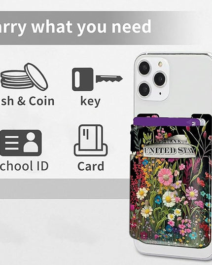 Rossy Cell Phone Wallet Adhesive Card Holder Stick on Wallet Pocket Lycra Credit Card ID Case With Wildflowers Stylish Pattern for Back of Phone for All Smartphones