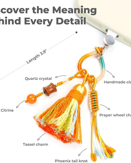 Boho Phone Charm with Tassel, Handmade Macrame Woven Phone Accessory, Cute Aesthetic Crystal & Wood Beaded Pendant Decoration for Cellphone, Bag, Keys