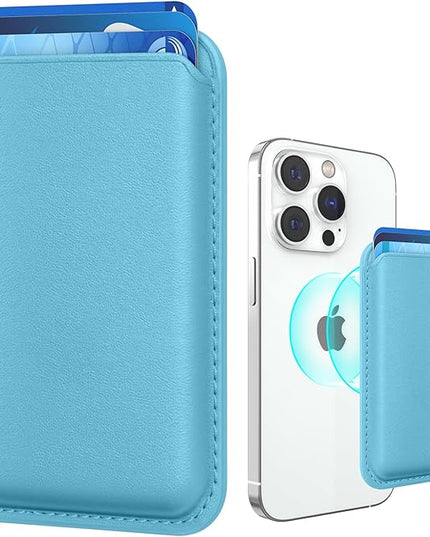 Magnetic Wallet Cell Phone Card Holder for Phone Case with Mag-Safe, Stronger Magnetic RFID Leather Phone Wallet Stick on Series of iPhone 17/16/15/14/13/12 and Pro/Promax, Light Blue