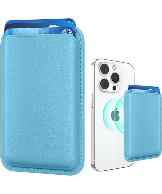 Magnetic Wallet Cell Phone Card Holder for Phone Case with Mag-Safe, Stronger Magnetic RFID Leather Phone Wallet Stick on Series of iPhone 17/16/15/14/13/12 and Pro/Promax, Light Blue