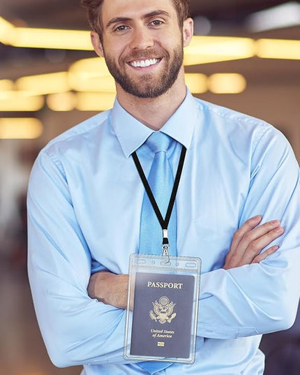 3 Pack Clear Plastic Passport Badge Holders with Lanyard, 4x6 Inch Vertical No Zipper ID Card Holder with Black Lanyard Extra Large ID Badge Holder for Passport