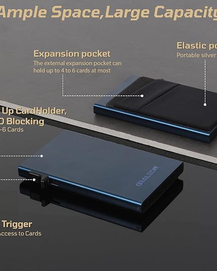 Slim Card Holder Wallet for Men with 12 Card Slots,RFID Blocking Pop Up men's wallet,Metal Wallet with Superelastic Material Expandable Front Pocket Perfectly holds cards,bills,and coins(blue)
