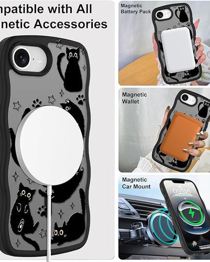 Cute Case for iPhone 16e Case [Compatible with MagSafe] with Kawaii Black Cats Cat Print Pattern Design for Women Girls, Soft Wavy Edge Anti-Slip Animal Magnetic Protective Phone Cover