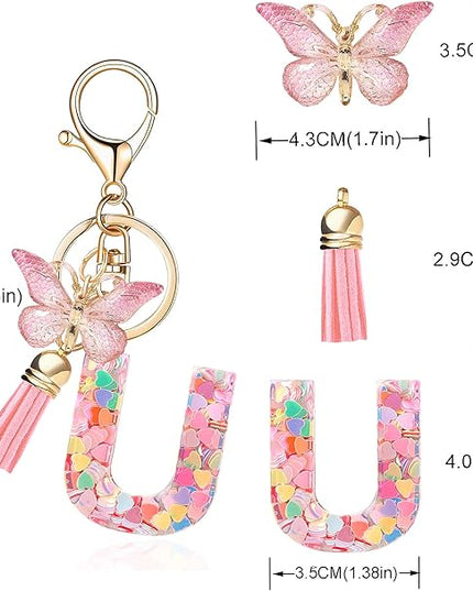 Fashion Alphabet Initial Letter Keychain Tassel Butterfly Pendant Key Ring for Purse Handbags Women Girl
