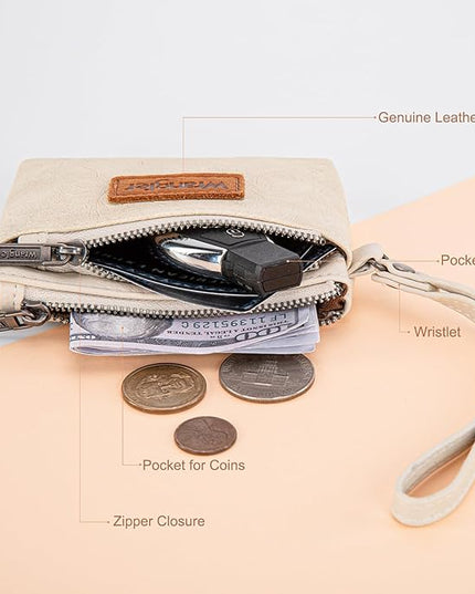 Montana West Wrangler Coin Purse for Women RFID-blocking Floral Embossed Change Pouch Wristlet Wallet Lightweight Portable Wallets White