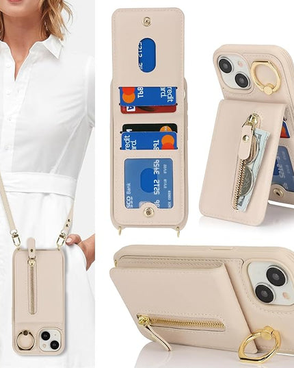 for iPhone 15 Wallet Case with Card Holder, for iPhone 15 Case Wallet with Strap Credit Card Slot, Crossbody Bag with Zipper Case for iPhone15 - Warm White