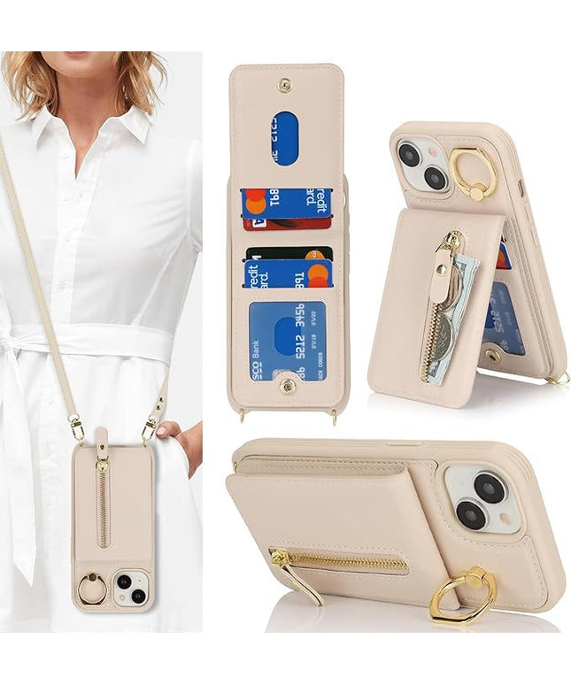 for iPhone 15 Wallet Case with Card Holder, for iPhone 15 Case Wallet with Strap Credit Card Slot, Crossbody Bag with Zipper Case for iPhone15 - Warm White