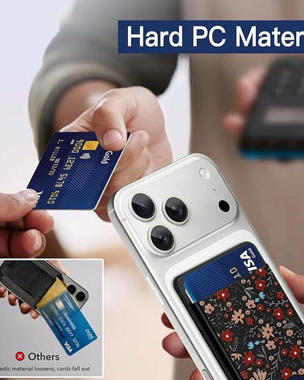 Stronger Magnetic Card Slot Wallet for iPhone 17/16/15/14/13/12 Series (Not for 13/12 Mini), Floral Pattern Hard Card Holder Fit 3 Cards Compatible with Magsafe Accessories, Black