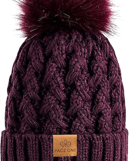 PAGE ONE Womens Winter Ribbed Beanie Crossed Cap Chunky Cable Knit Pompom Soft Warm Hat