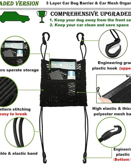 DYKESON Pet Barrier Dog Car Net Barrier with Auto Safety Mesh Organizer Baby Stretchable Storage Bag Universal for Cars, SUVs -Easy Install,Safer to Drive with Pets and Children, 3 Layer M