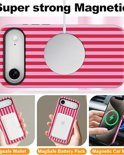Magnetic for iPhone 17 Air Case Cute Stripes Phone Case, Shockproof Slim TPU and Hard PC Protective Phone Cover Compatible with MagSafe Designed for Women Girls, Pink and White