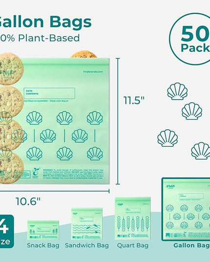 Fit Meal Prep 50 Pack 100% Compostable Food Storage Bags, 1 Gallon Freezer Bags, 10.6 x 11.5" Resealable Bag for Vegetables, Meat, Fruits, ASTM D6400, US BPI & EU OK Compost Certified