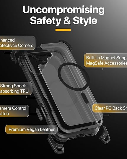 MAGEASY Designed for iPhone 16 Case with Strap - [Camera Control Button Coverage] 20ft Ultimate Drop Protection Compatible with MagSafe, Vegan Leather Frame | Odyssey Strap M