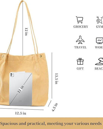 Corduroy Tote Bag Cute Tote Bags for Women Shoulder Bag with Inner Pocket for Work Beach Travel and Shopping Grocery
