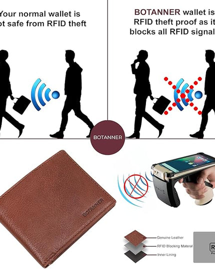 BOTANNER Genuine Leather Bifold Mens Wallet RFID Blocking 5 Credit Card Slots 1 ID Window 2 Sections for Bills 2 Additional Slots | Choco