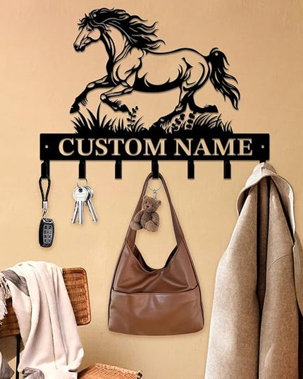 Personalized Custom Name Farm Horse Wall Key Hooks,Metal Horse Art Clothes Hooks,Metal Horse Wall Home Storage Decorative,For Front Door, Hallway, Kitchen, Bedroom,Keys,Hats (Style E)