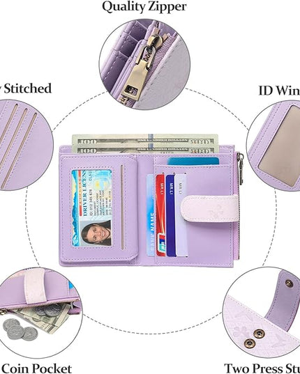GAEKEAO Small Wallets for Women Leather RFID Blocking Bifold Zipper Pocket Wallet Card Case Purse with ID Window