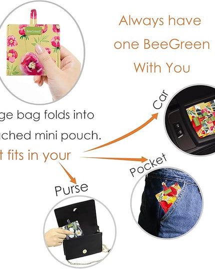 BeeGreen Flowers Reusable Grocery Bags Reusable Kitchen Bags Bulk Foldable-Machine Washable with Zipper Storage Pouch 6 Packs