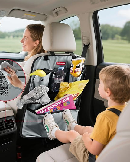 Rubbermaid Backseat Car Organizer, Kick Mats and Seat Back Protector, Car Organizer for Kids with 6 Storage Pockets, Travel Essentials for SUV, Truck, Car - 2 packs Gray