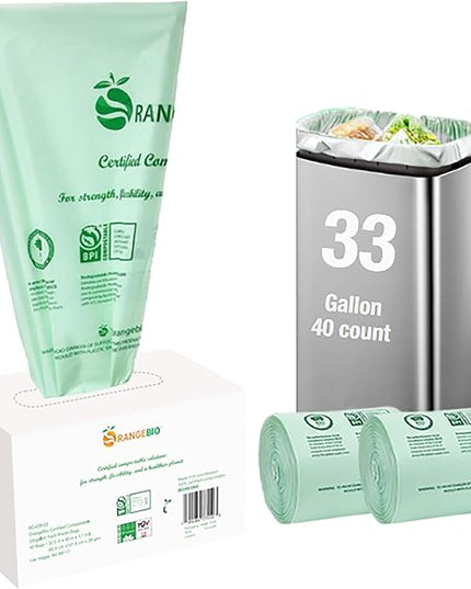 OrangeBio 33 Gallon Home Compostable Yard Waste Bags, 40 Count, 1.1 Mil, Lawn & Leaf Bags US BPI ASTM D6400 and OK Compost Home Certified