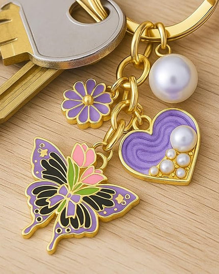 Floral Pearl Keychain - Elegant Purple Flower & Pearl Heart Key Chains for Women, Cute Butterfly Bag Charms, Romantic Gift