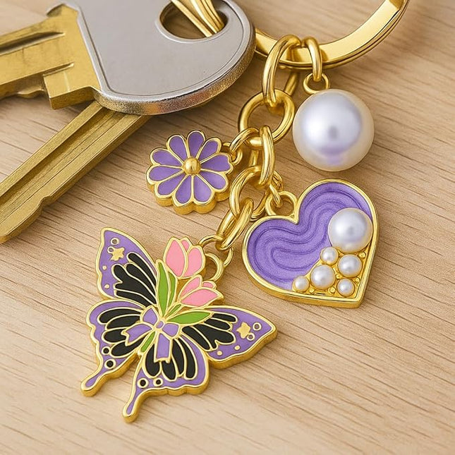 Floral Pearl Keychain - Elegant Purple Flower & Pearl Heart Key Chains for Women, Cute Butterfly Bag Charms, Romantic Gift