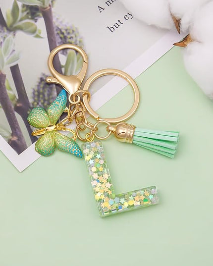 Fashion Alphabet Initial Letter Keychain Tassel Butterfly Pendant Key Ring for Purse Handbags Women Girl