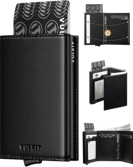 VULKIT Pop up Card Wallet Minimalist Cash Wallets RFID Blocking Leather Smart Credit Card Holder with ID window for Men