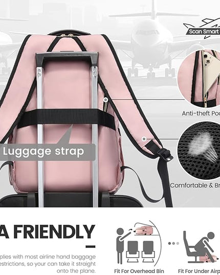 LOVEVOOK Laptop Backpack for Women 17.3 inch,Cute Womens Travel Backpack Purse,Professional Laptop Computer Bag,Waterproof Work Business College Teacher Bags Carry on Backpack with USB Port,Pink