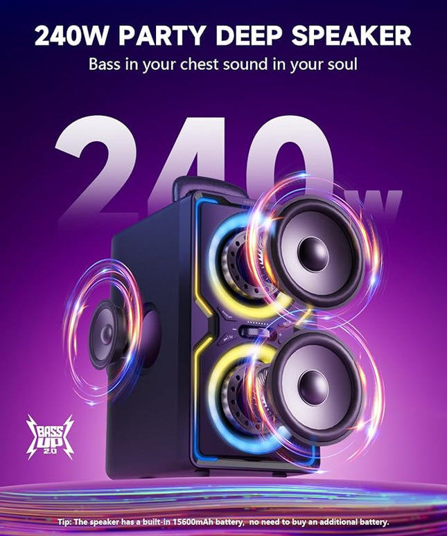 Hotlemon Large Bluetooth Speaker: 240W Peak Powerful Loud Sound with Deep Bass, 15H Playtime, Fast Charge, TWS, Portable Wireless Speakers for Outdoor, Party, Beach, Backyard, Home, Outside (Black)
