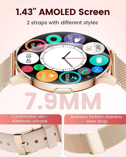 LIGE Smart Watch for Women, 1.43" AMOLED Screen Smartwatch with Answer/Make Call for iPhone/Android/Samsung, Fitness Tracker with 120+ Sport Modes, Sleep/Health Monitor, IP68 Waterproof, 2 Bands,Gold